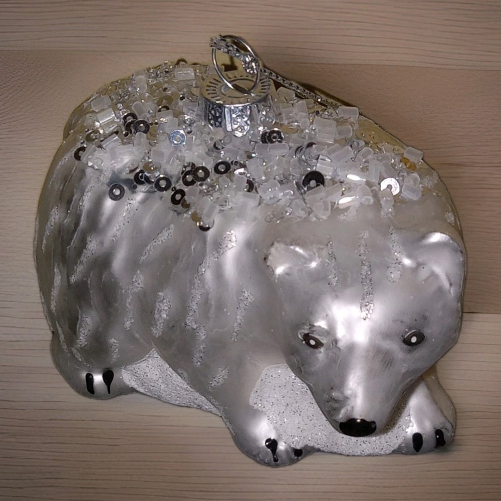 Hand Blown Glass Polar Bear Christmas Ornament Sequins Beads Glitter